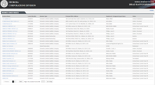 Georgia Corporations Division Abebe Search Results