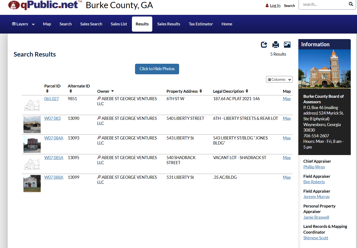 qPublic screenshot of Abebe St George properties in Waynesboro