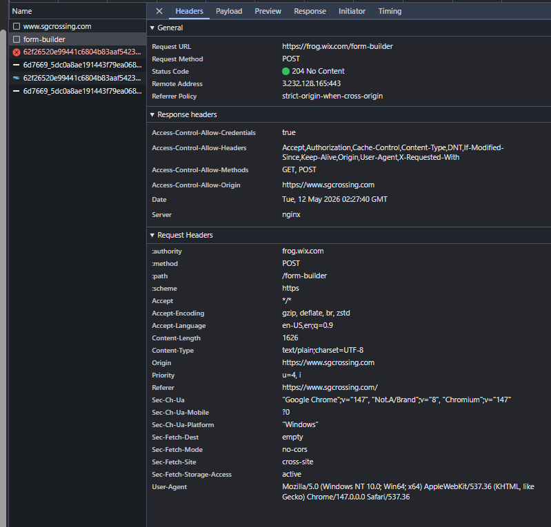 Sgcrossing Contact Form Network Request